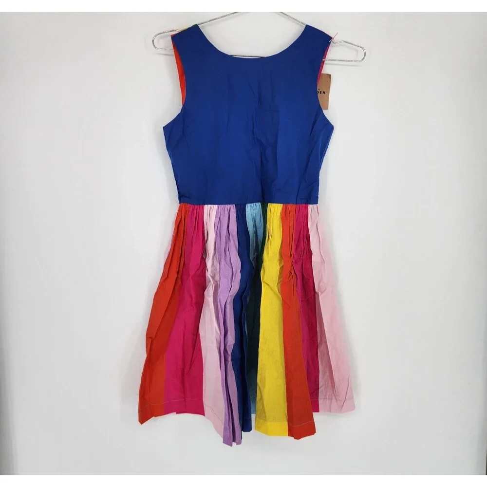 Mini Boden 11-12YR Sapphire Blue Rainbow Multi Strap Flare Dress NWT
